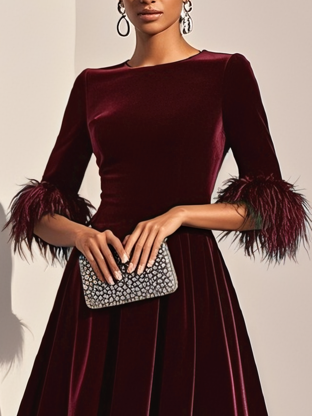 Burgundy velvet feather cocktail dress with A-line midi skirt and feather-trimmed cuffs - view 3