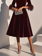 Burgundy velvet feather cocktail dress with A-line midi skirt and feather-trimmed cuffs - view 4