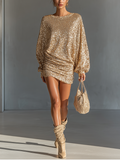 Gold sequin holiday party mini dress with lantern sleeves
