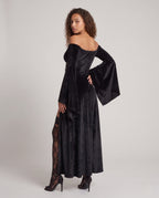 Black velvet off-the-shoulder maxi dress with bell sleeves and lace-up cutout bodice - view 3