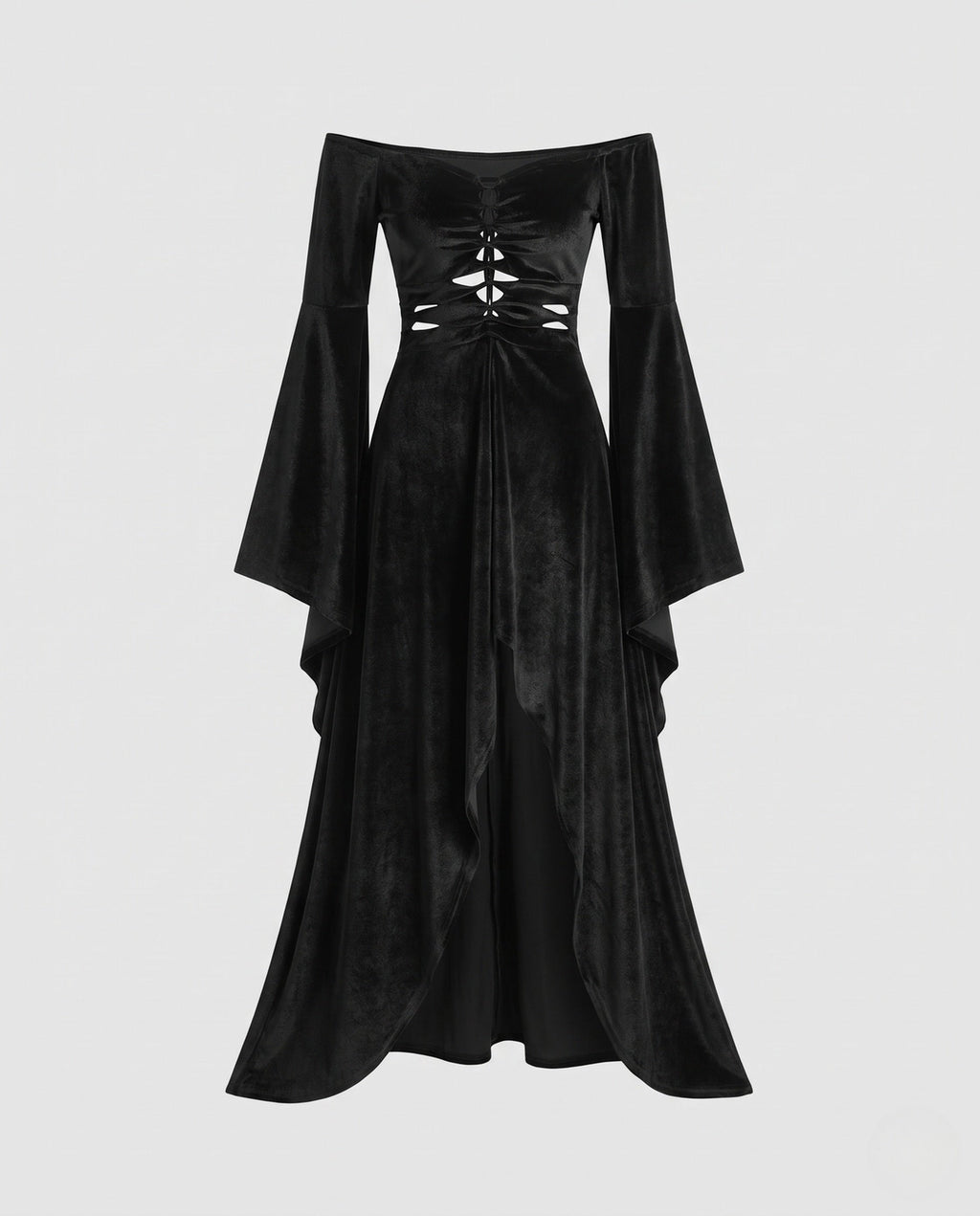 Black velvet off-the-shoulder maxi dress with bell sleeves and lace-up cutout bodice - view 4
