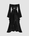 Black velvet off-the-shoulder maxi dress with bell sleeves and lace-up cutout bodice - view 4