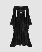 Black velvet off-the-shoulder maxi dress with bell sleeves and lace-up cutout bodice - view 4