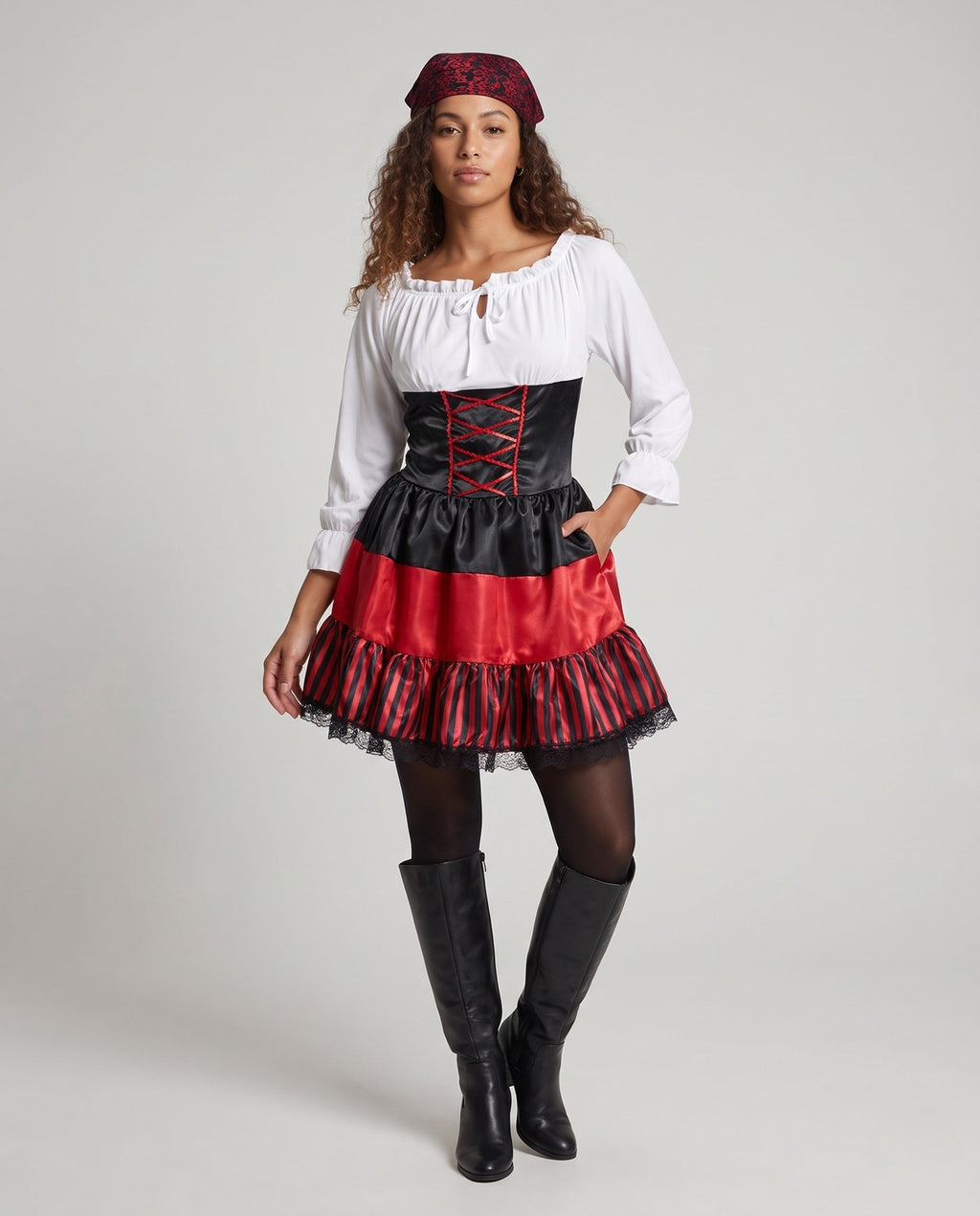 Women's pirate Halloween costume dress with white peasant top, black satin lace-up waist and red striped ruffle skirt