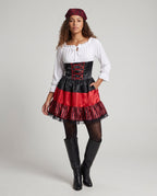 Women's pirate Halloween costume dress with white peasant top, black satin lace-up waist and red striped ruffle skirt
