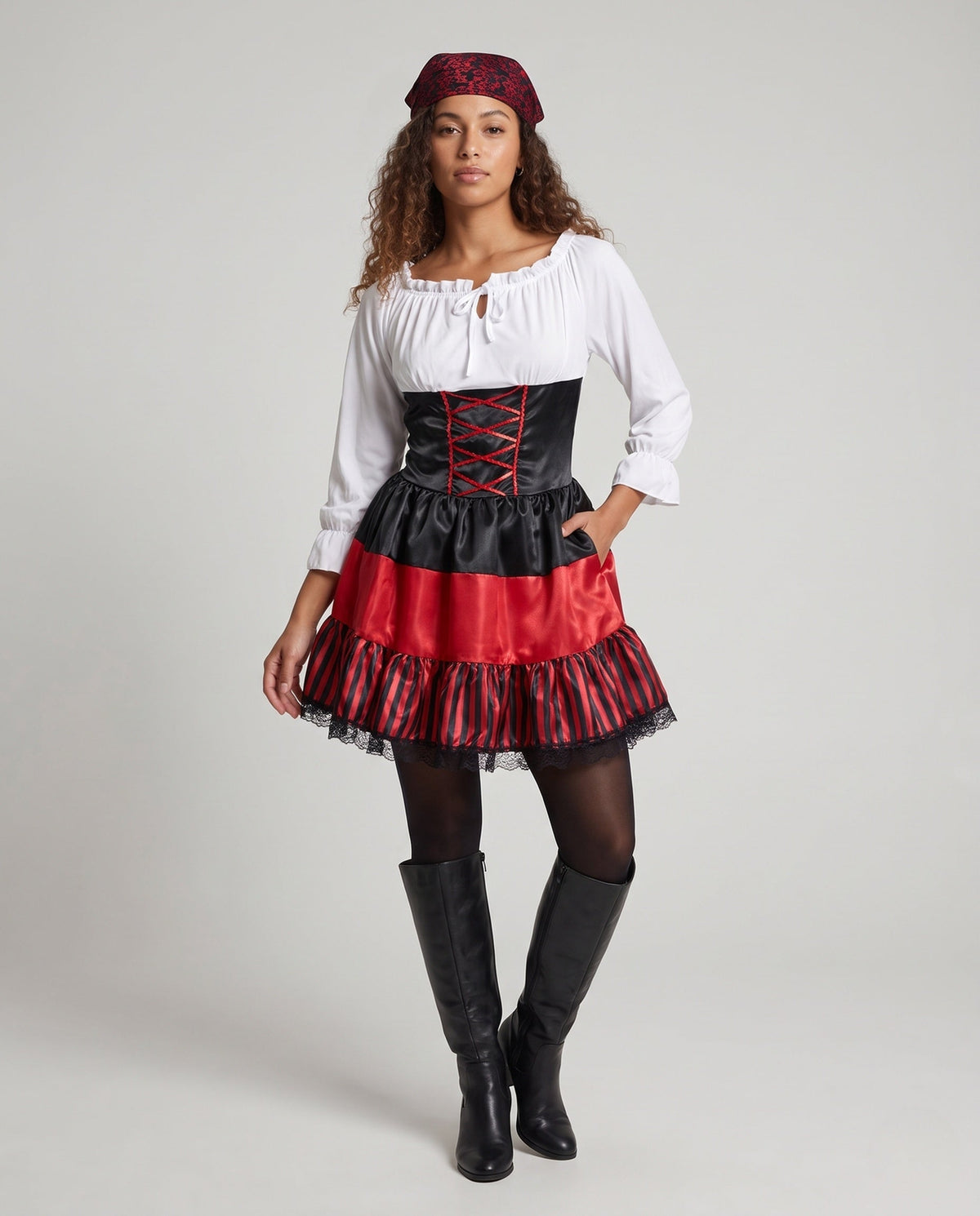 Women's pirate Halloween costume dress with white peasant top, black satin lace-up waist and red striped ruffle skirt
