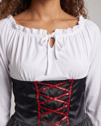Women's pirate Halloween costume dress with white peasant top, black satin lace-up waist and red striped ruffle skirt - view 2