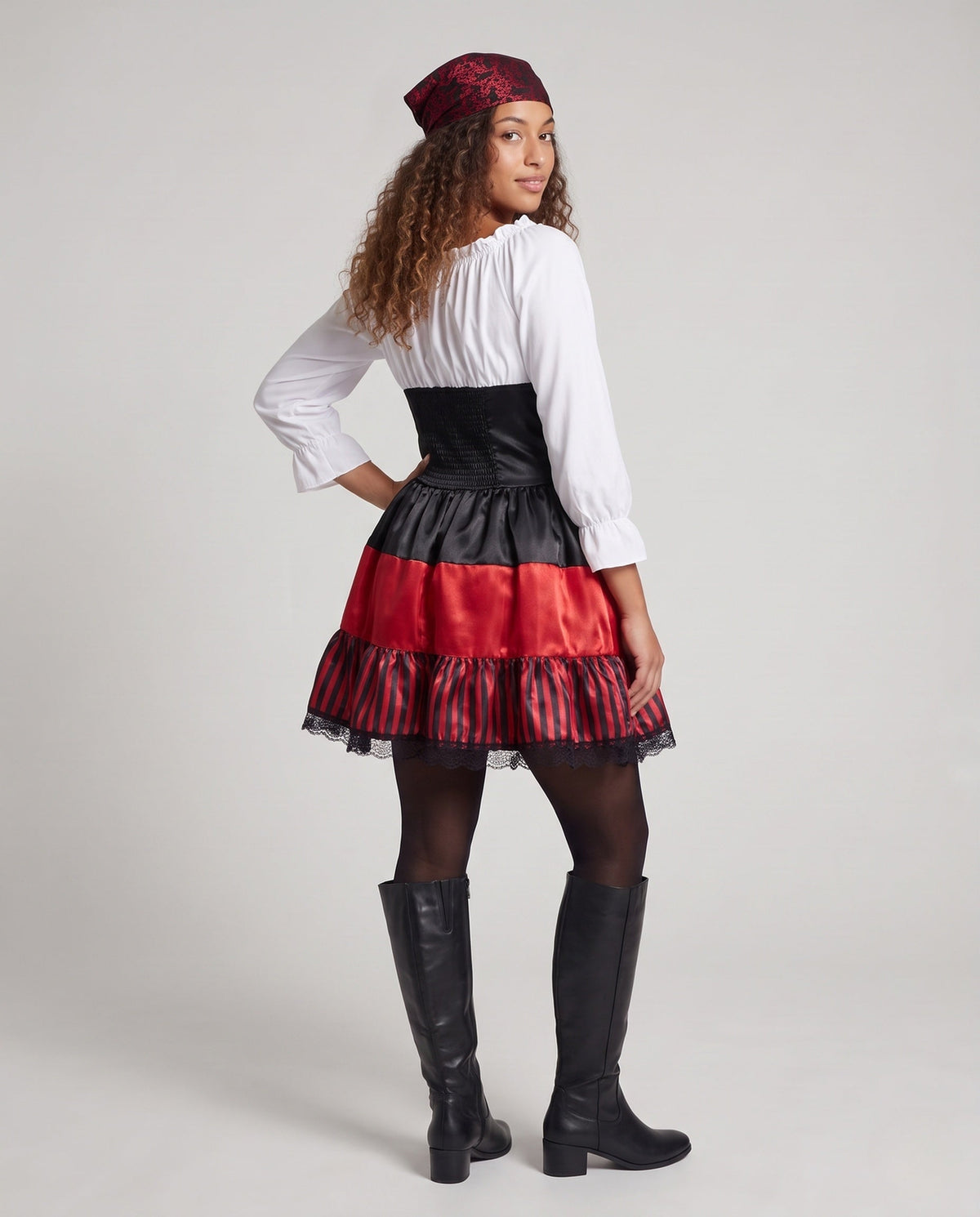 Women's pirate Halloween costume dress with white peasant top, black satin lace-up waist and red striped ruffle skirt - view 3