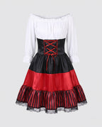 Women's pirate Halloween costume dress with white peasant top, black satin lace-up waist and red striped ruffle skirt - view 4