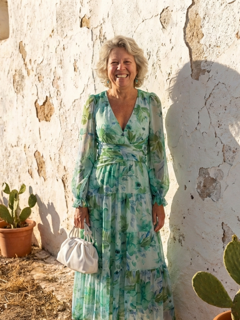 Floral tiered long sleeve maxi dress with wrap V-neck and ruffle cuffs - view 12