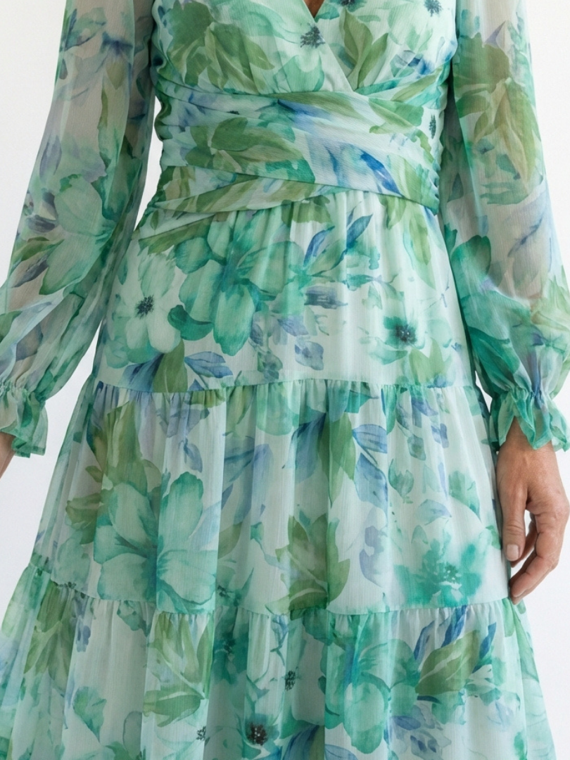 Floral tiered long sleeve maxi dress with wrap V-neck and ruffle cuffs - view 2
