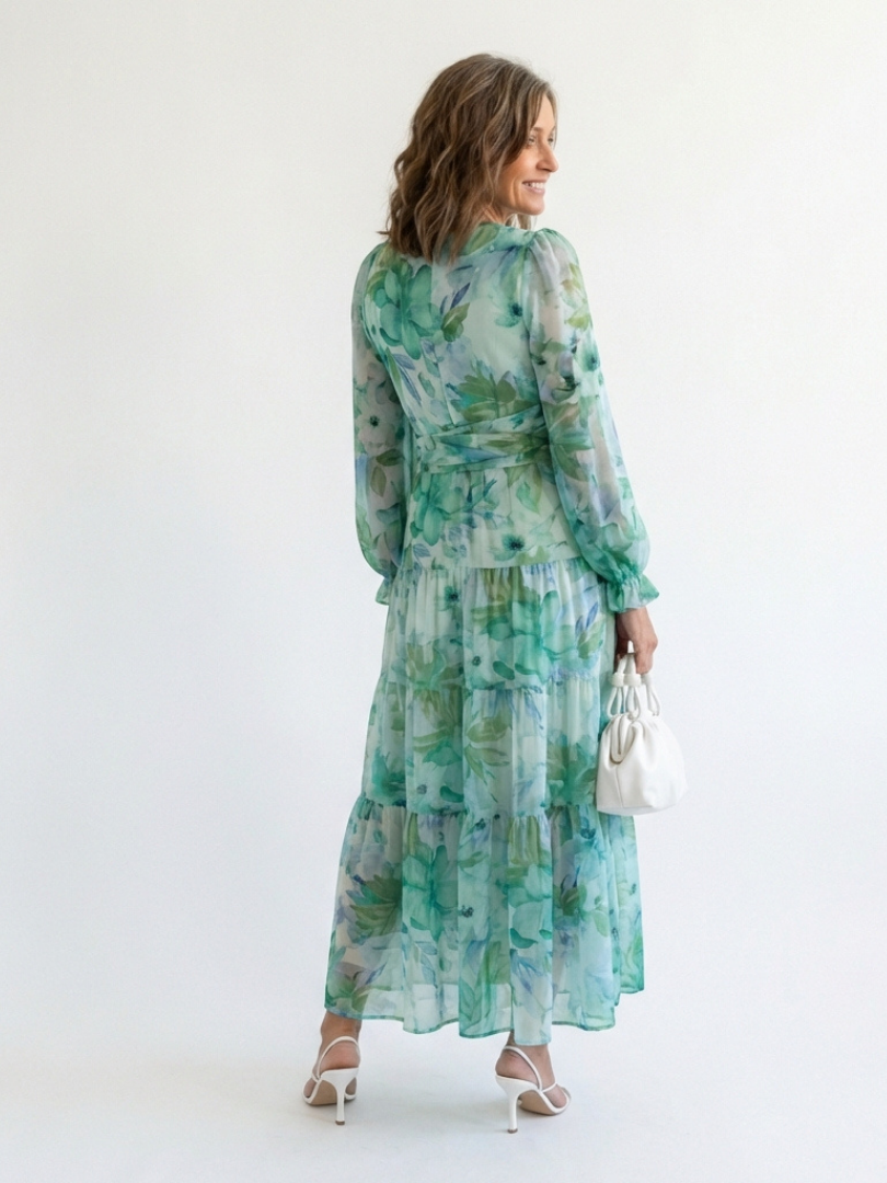 Floral tiered long sleeve maxi dress with wrap V-neck and ruffle cuffs - view 4