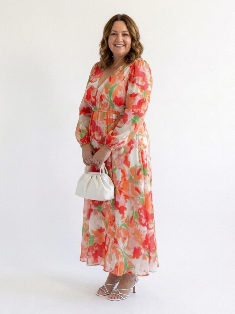 Floral tiered long sleeve maxi dress with wrap V-neck and ruffle cuffs - view 6