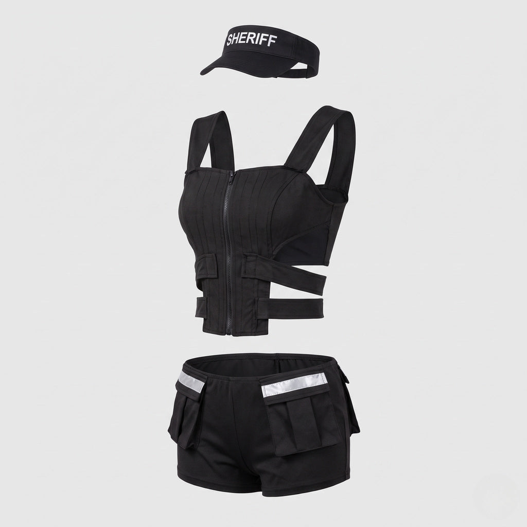 Women's black police Halloween costume with zip-front cutout crop top, cargo shorts and SHERIFF visor - view 4