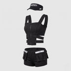 Women's black police Halloween costume with zip-front cutout crop top, cargo shorts and SHERIFF visor - view 4