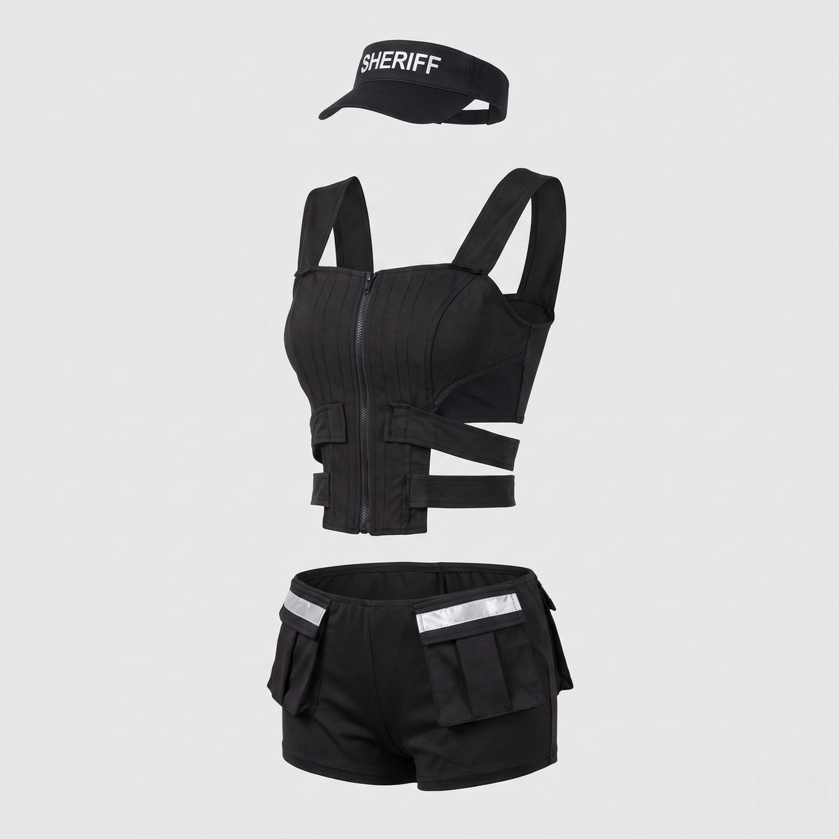 Women's black police Halloween costume with zip-front cutout crop top, cargo shorts and SHERIFF visor - view 4