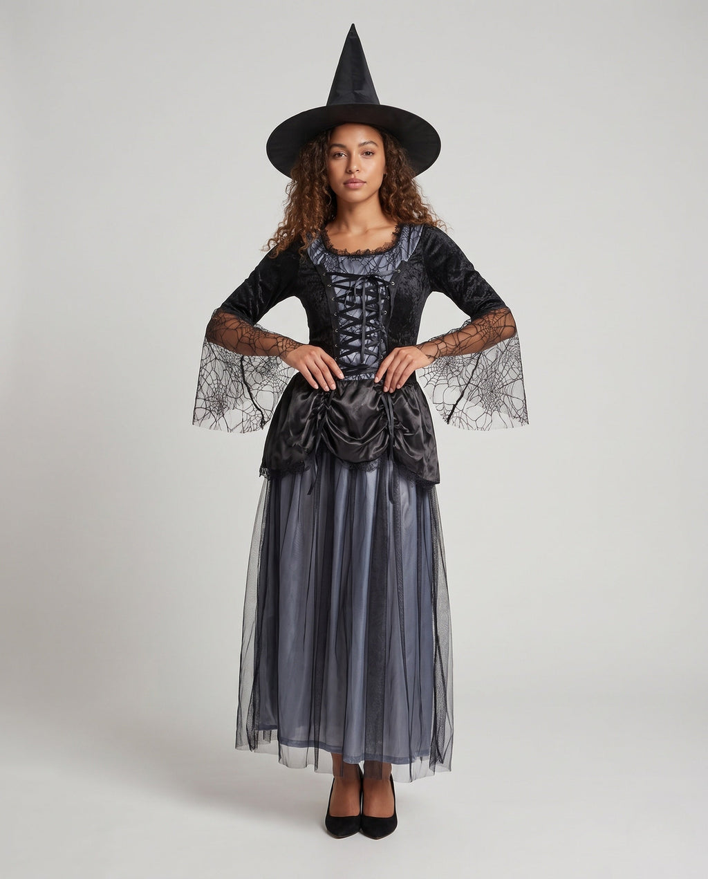 Women's witch costume dress with spiderweb lace bell sleeves, velvet lace-up bodice and tulle skirt