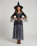Women's witch costume dress with spiderweb lace bell sleeves, velvet lace-up bodice and tulle skirt