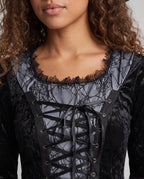 Women's witch costume dress with spiderweb lace bell sleeves, velvet lace-up bodice and tulle skirt - view 2