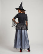 Women's witch costume dress with spiderweb lace bell sleeves, velvet lace-up bodice and tulle skirt - view 3