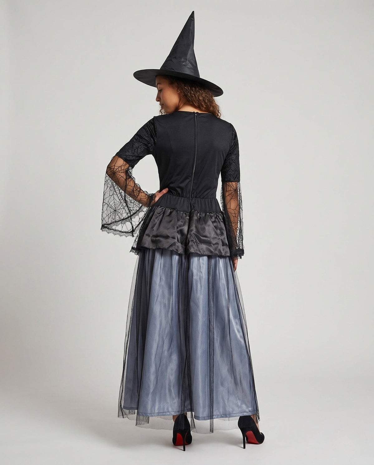 Women's witch costume dress with spiderweb lace bell sleeves, velvet lace-up bodice and tulle skirt - view 3