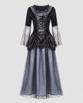 Women's witch costume dress with spiderweb lace bell sleeves, velvet lace-up bodice and tulle skirt - view 4