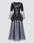Women's witch costume dress with spiderweb lace bell sleeves, velvet lace-up bodice and tulle skirt - view 4