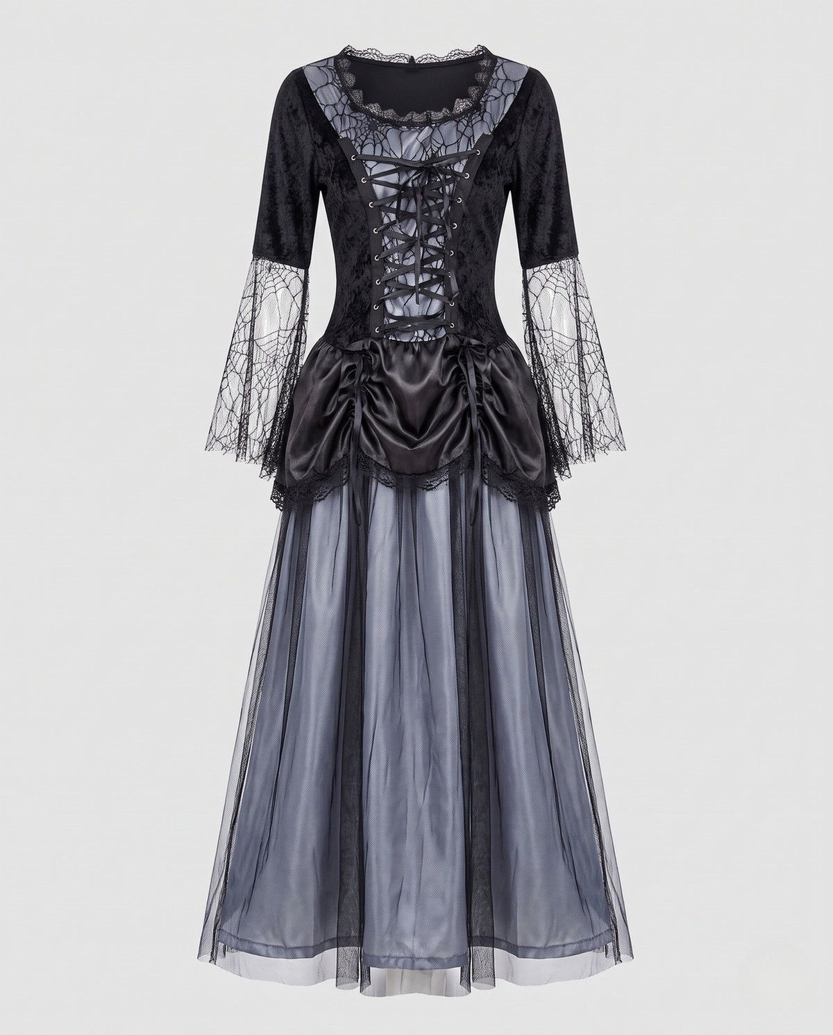 Women's witch costume dress with spiderweb lace bell sleeves, velvet lace-up bodice and tulle skirt - view 4