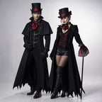 Gothic black vampire costume coat with bat-wing hem, buckled vest and red satin cravat