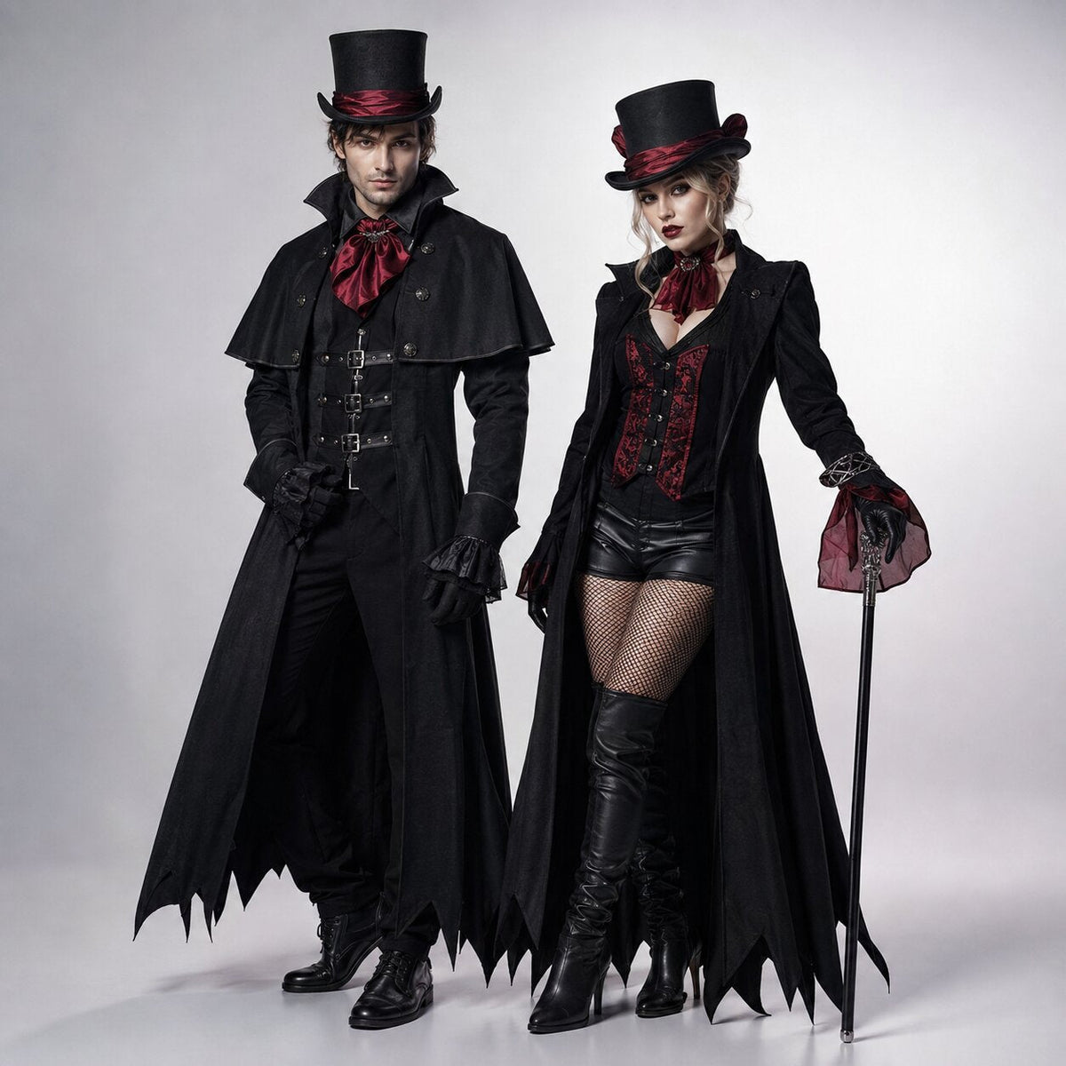Gothic black vampire costume coat with bat-wing hem, buckled vest and red satin cravat
