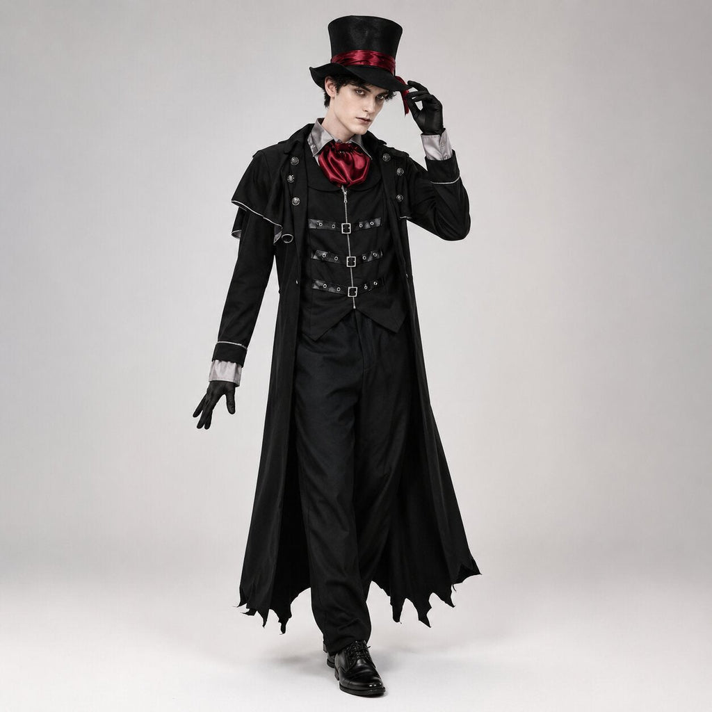 Gothic black vampire costume coat with bat-wing hem, buckled vest and red satin cravat - view 3