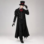 Gothic black vampire costume coat with bat-wing hem, buckled vest and red satin cravat - view 3