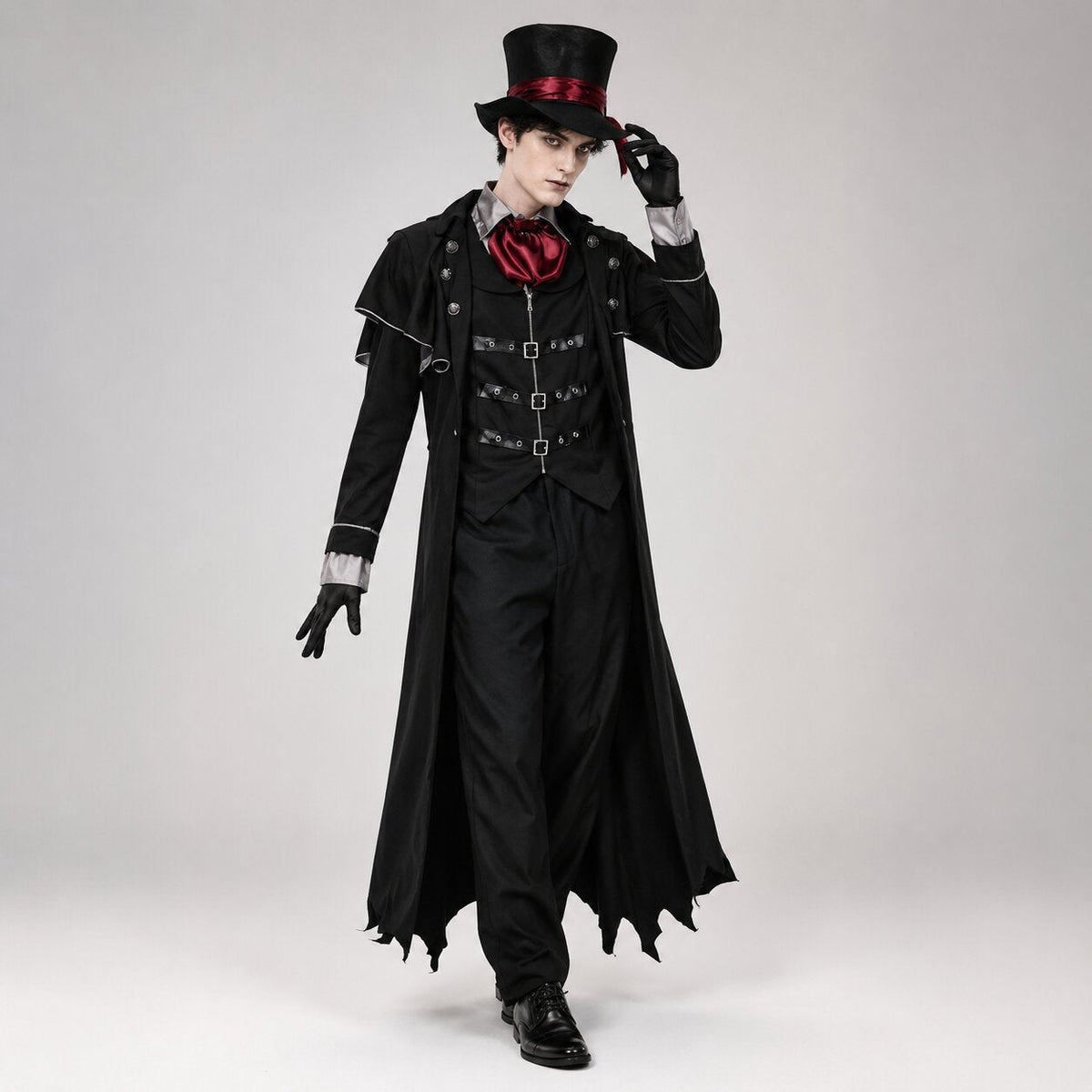 Gothic black vampire costume coat with bat-wing hem, buckled vest and red satin cravat - view 3