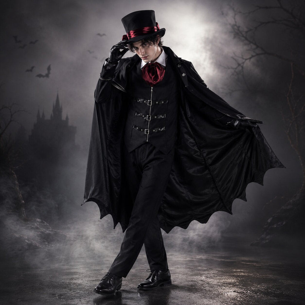 Gothic black vampire costume coat with bat-wing hem, buckled vest and red satin cravat - view 4