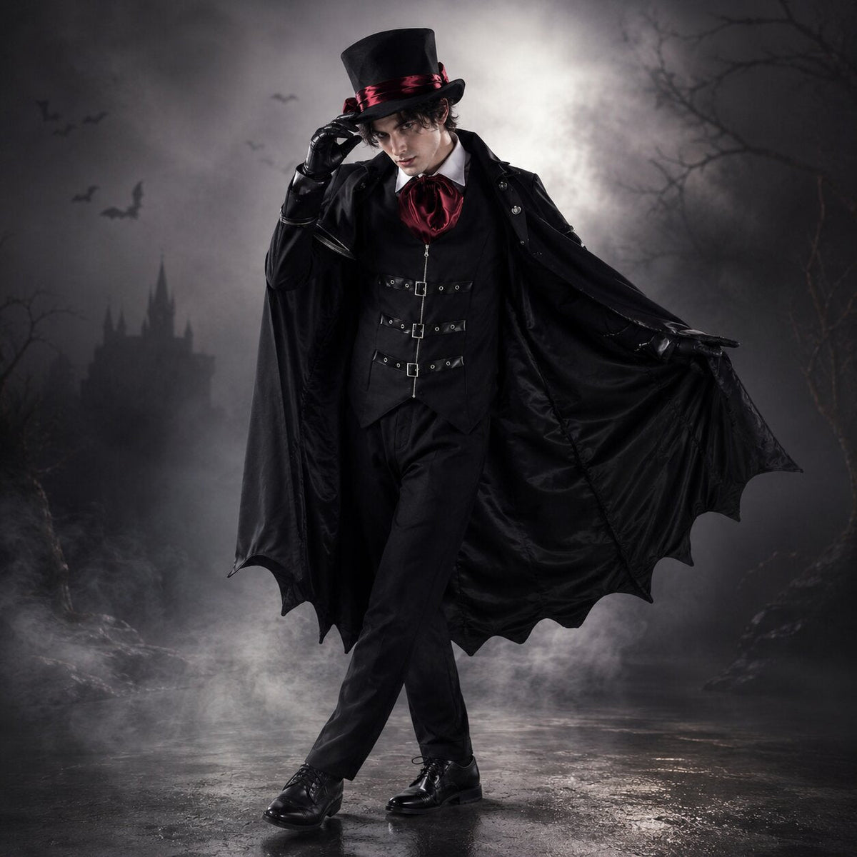 Gothic black vampire costume coat with bat-wing hem, buckled vest and red satin cravat - view 4