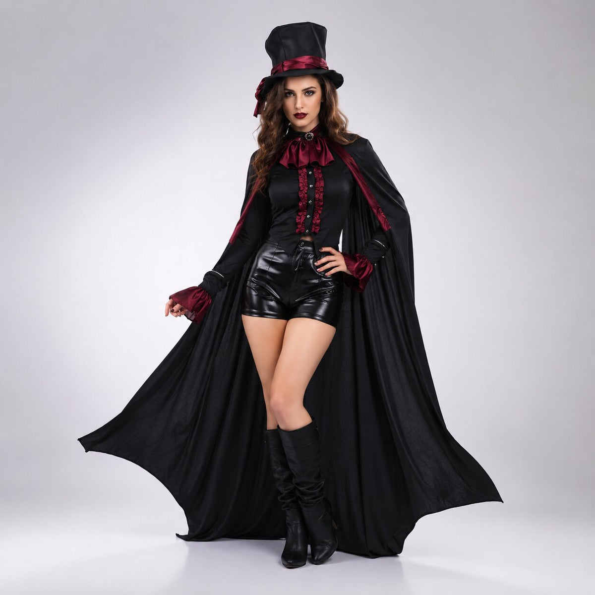 Gothic black vampire costume coat with bat-wing hem, buckled vest and red satin cravat - view 5