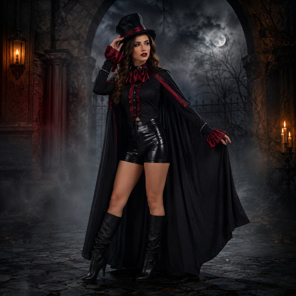 Gothic black vampire costume coat with bat-wing hem, buckled vest and red satin cravat - view 6