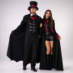 Gothic black vampire costume coat with bat-wing hem, buckled vest and red satin cravat - view 7