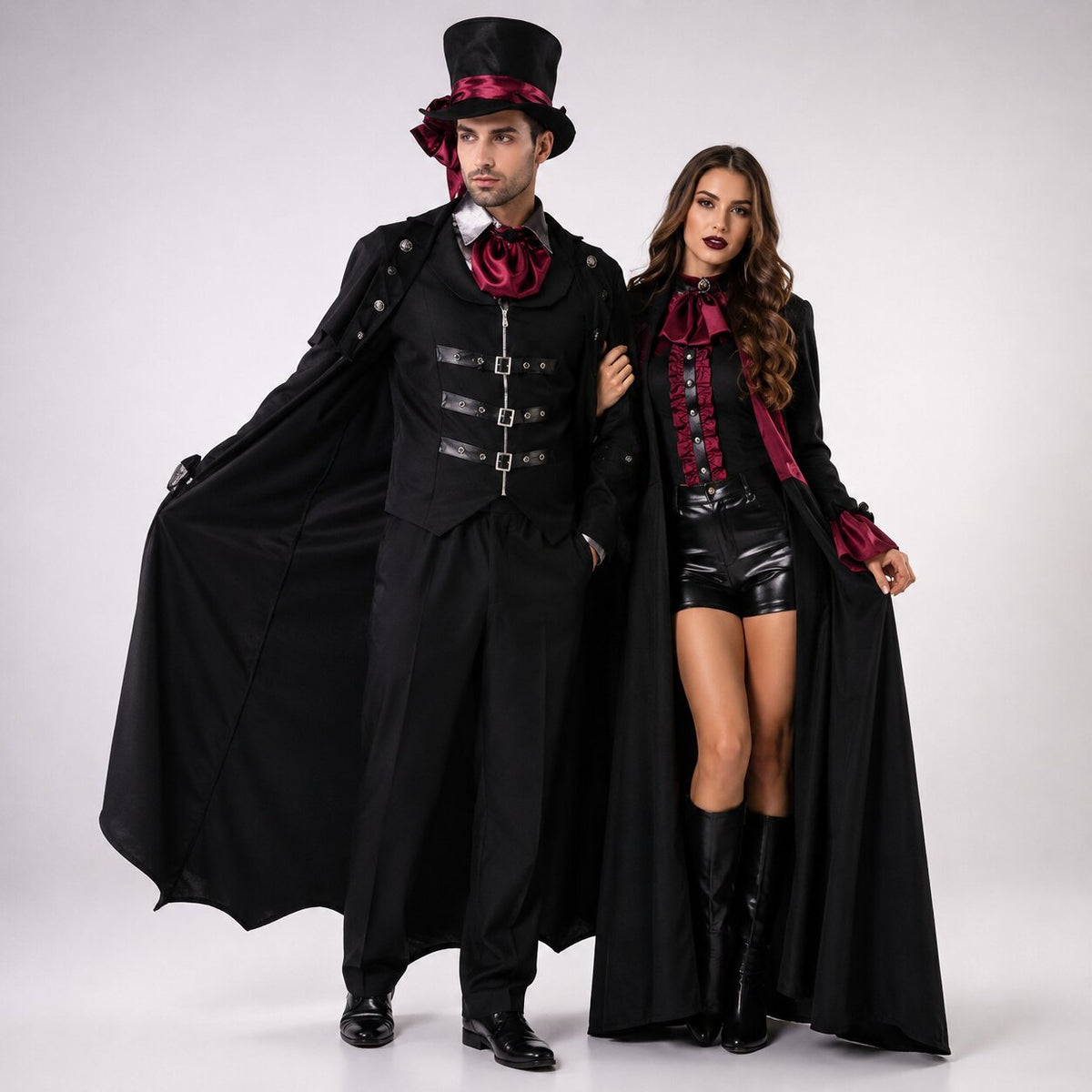 Gothic black vampire costume coat with bat-wing hem, buckled vest and red satin cravat - view 7