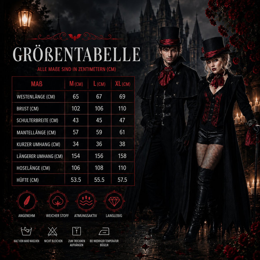 Gothic black vampire costume coat with bat-wing hem, buckled vest and red satin cravat - view 8