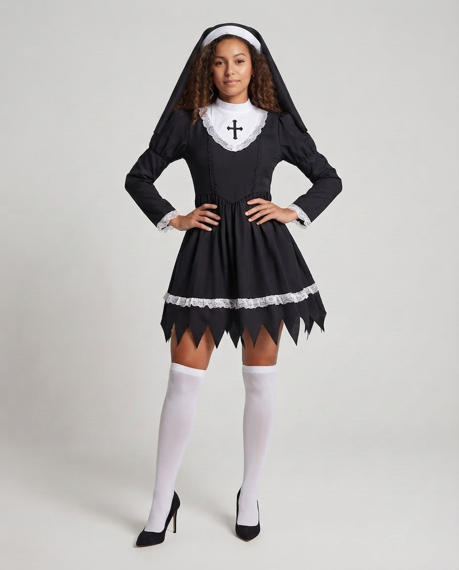 Women's nun Halloween costume black mini dress with white lace bib and veil
