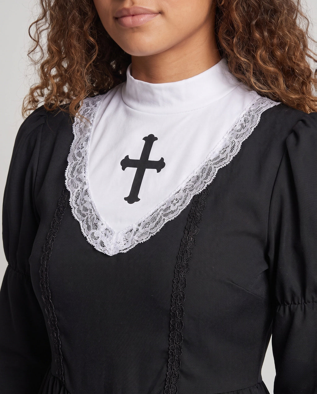 Women's nun Halloween costume black mini dress with white lace bib and veil - view 2