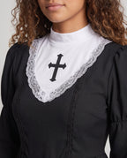 Women's nun Halloween costume black mini dress with white lace bib and veil - view 2