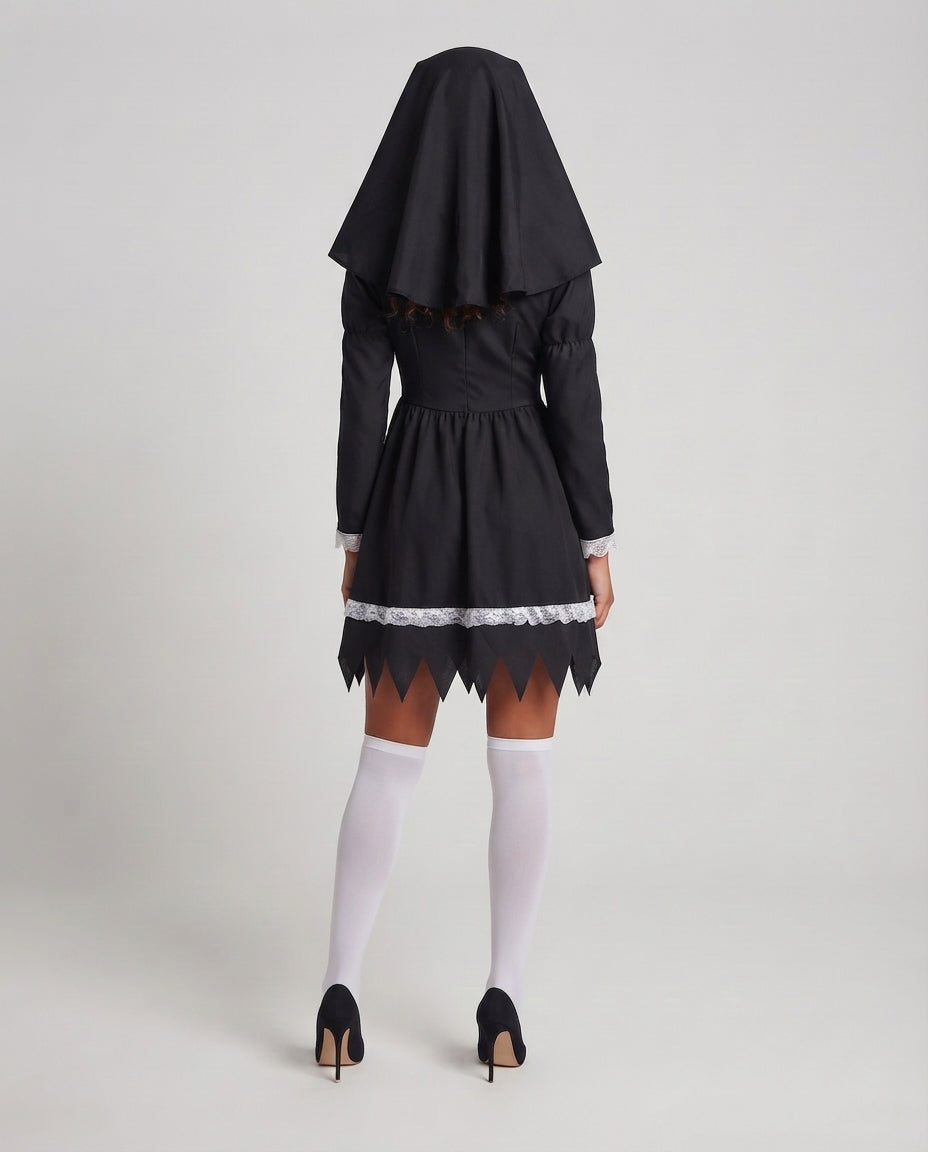 Women's nun Halloween costume black mini dress with white lace bib and veil - view 3