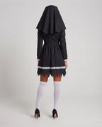 Women's nun Halloween costume black mini dress with white lace bib and veil - view 3