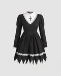 Women's nun Halloween costume black mini dress with white lace bib and veil - view 4