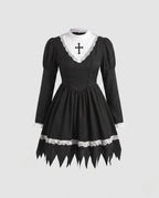 Women's nun Halloween costume black mini dress with white lace bib and veil - view 4