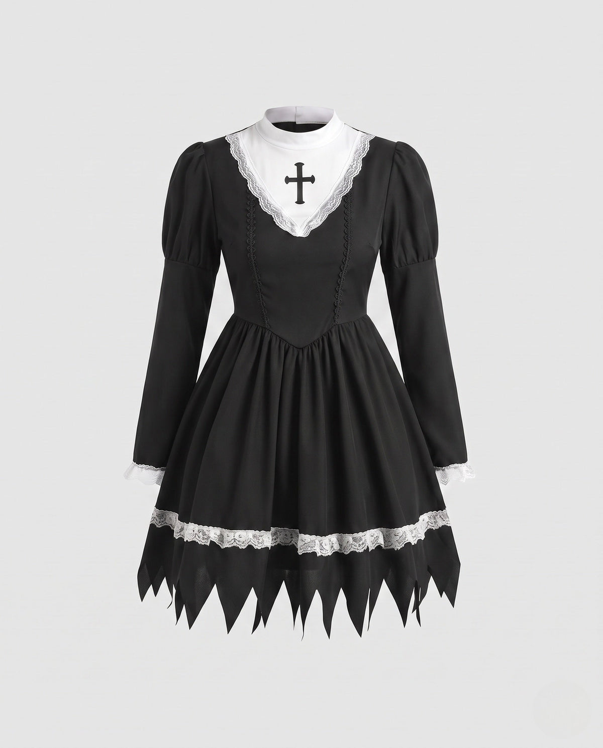 Women's nun Halloween costume black mini dress with white lace bib and veil - view 4