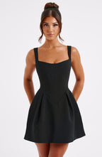 Corset homecoming mini dress with square neckline and pleated flared skirt