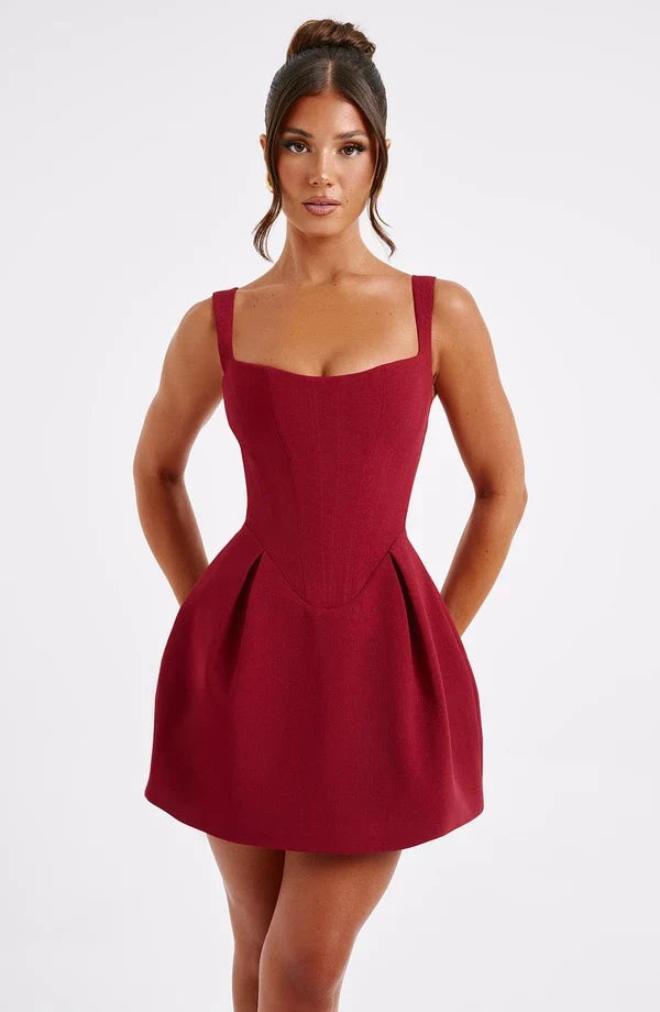 Corset homecoming mini dress with square neckline and pleated flared skirt - view 16